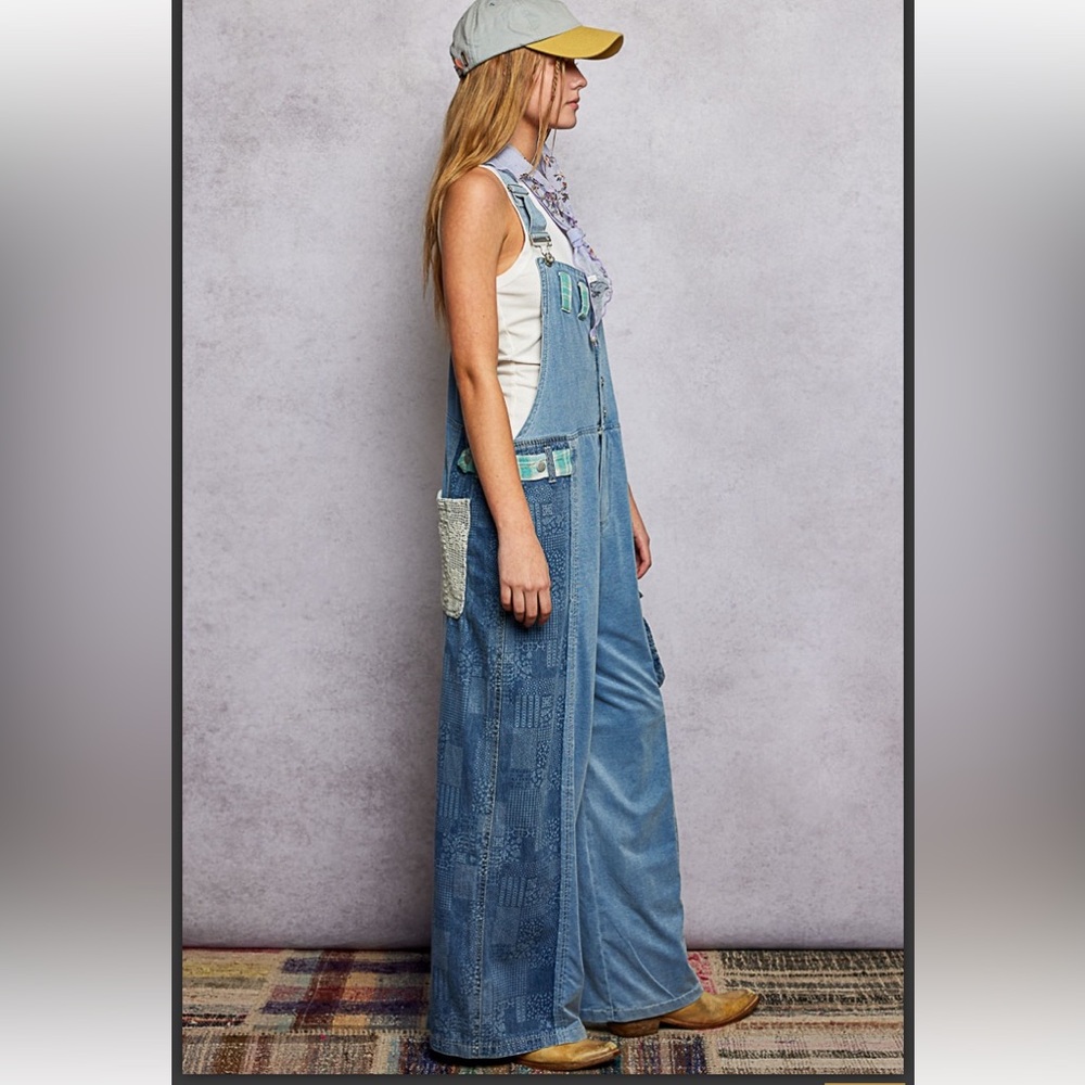 POL Light Blue Patchwork Denim Overalls - image 3